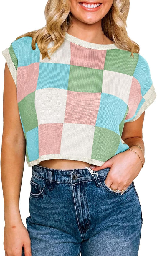 Womens Cap Sleeve Crop Tops Summer Color Block Going Out Crew Neck Knit Trendy Casual Sweater