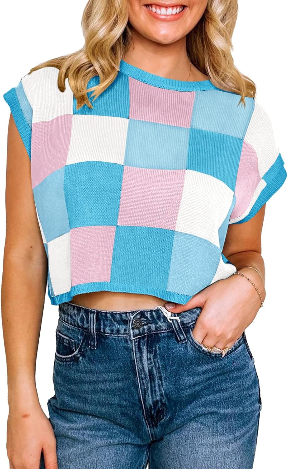 Womens Cap Sleeve Crop Tops Summer Color Block Going Out Crew Neck Knit Trendy Casual Sweater