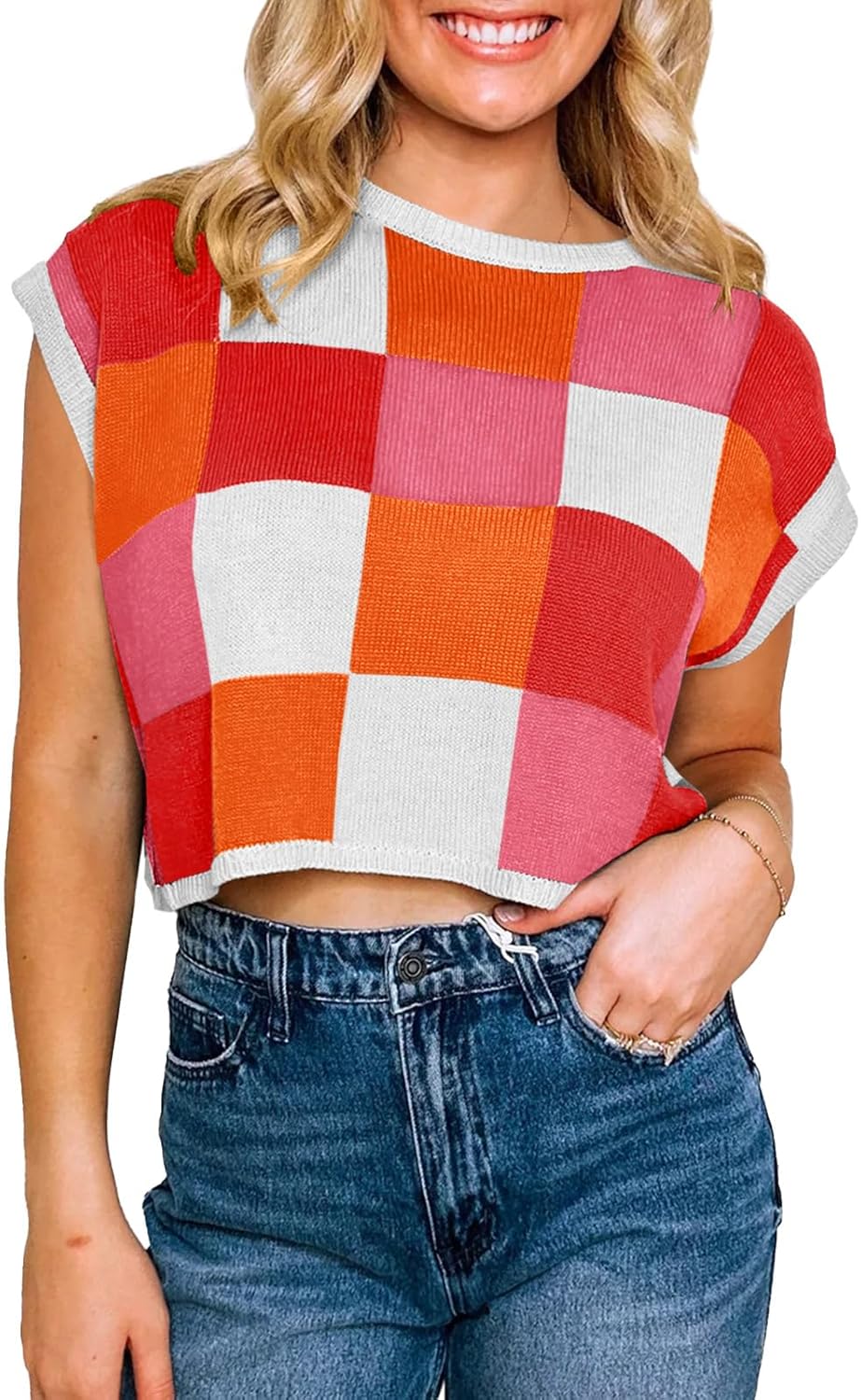 Womens Cap Sleeve Crop Tops Summer Color Block Going Out Crew Neck Knit Trendy Casual Sweater