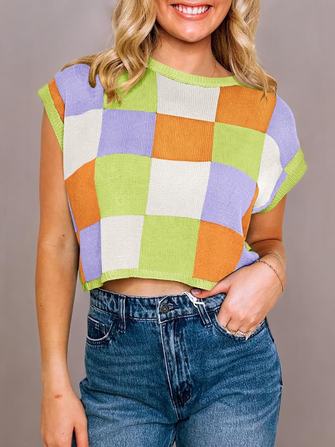 Womens Cap Sleeve Crop Tops Summer Color Block Going Out Crew Neck Knit Trendy Casual Sweater