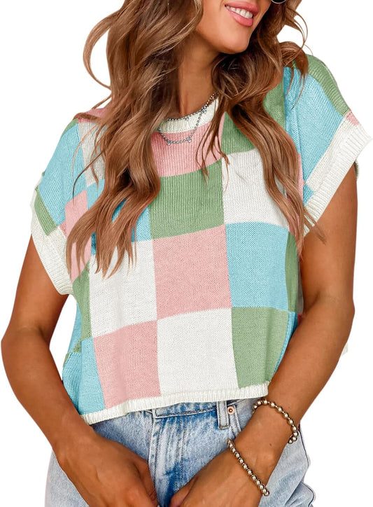 Womens Cap Sleeve Crop Tops Summer Color Block Going Out Crew Neck Knit Trendy Casual Sweater