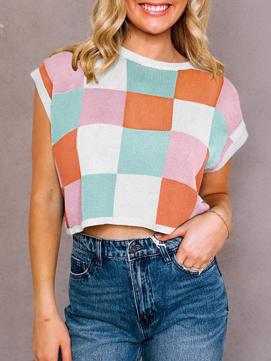 Womens Cap Sleeve Crop Tops Summer Color Block Going Out Crew Neck Knit Trendy Casual Sweater