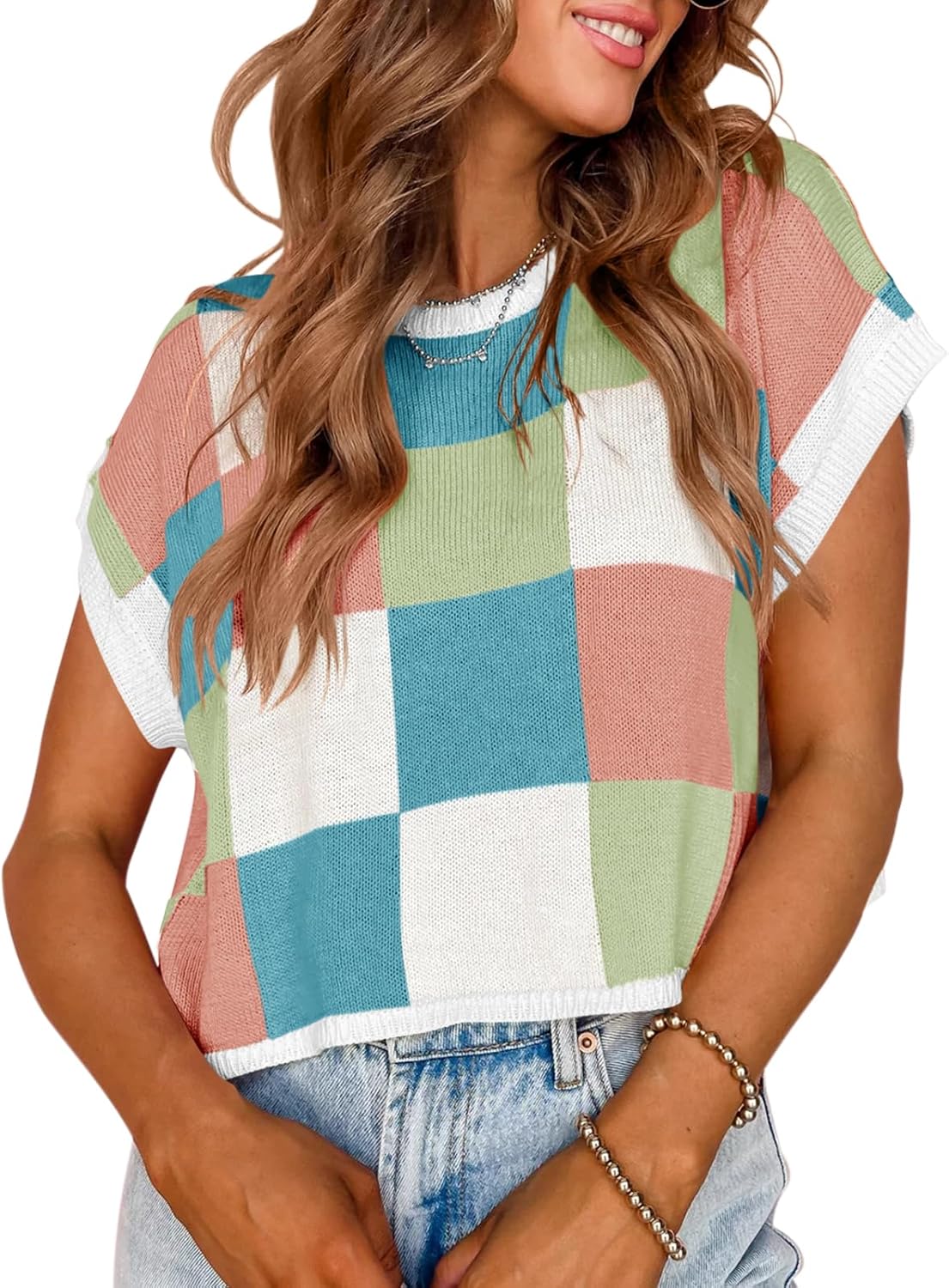 Womens Cap Sleeve Crop Tops Summer Color Block Going Out Crew Neck Knit Trendy Casual Sweater