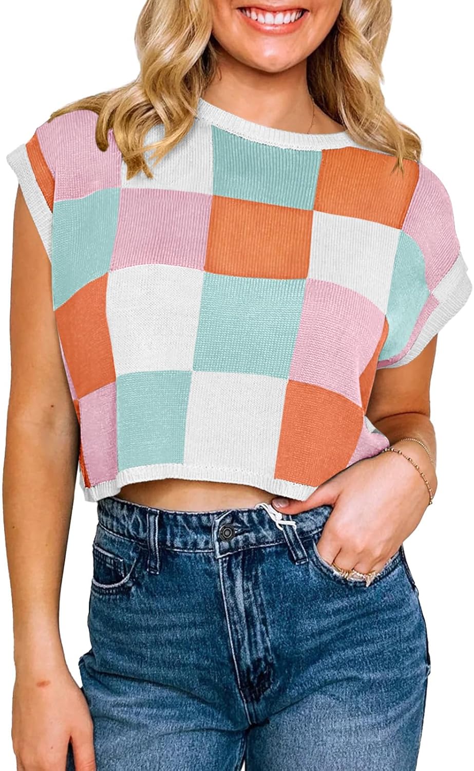 Womens Cap Sleeve Crop Tops Summer Color Block Going Out Crew Neck Knit Trendy Casual Sweater