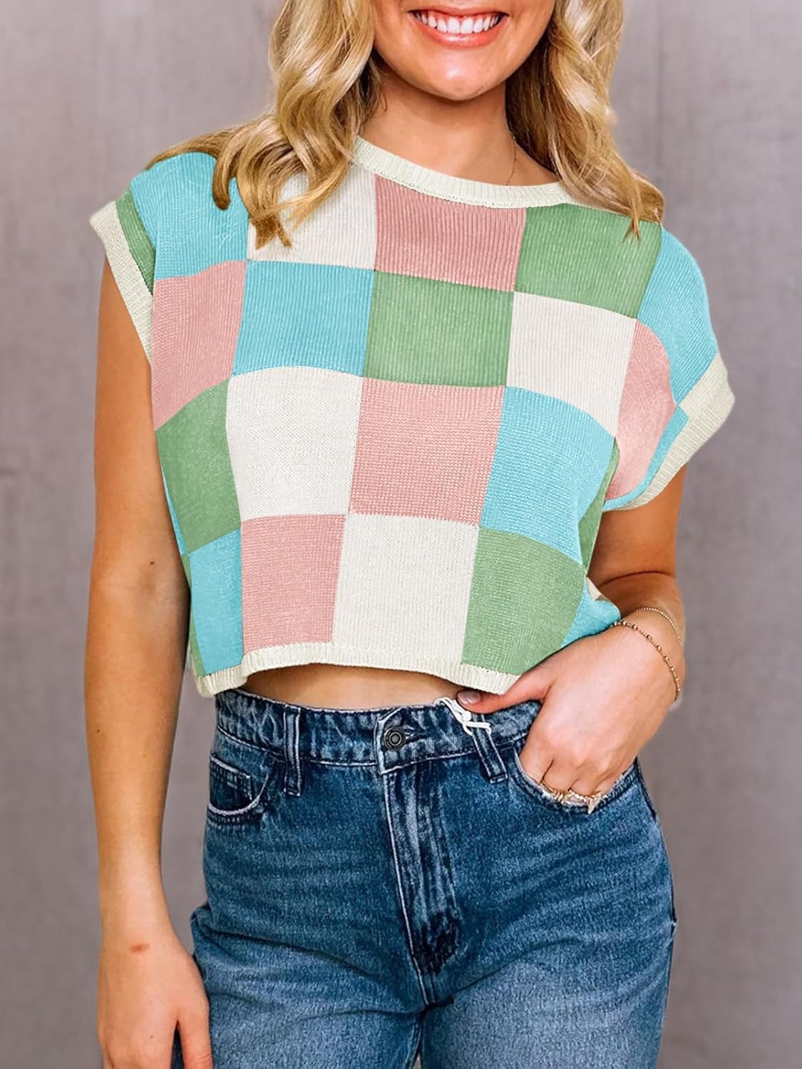 Womens Cap Sleeve Crop Tops Summer Color Block Going Out Crew Neck Knit Trendy Casual Sweater