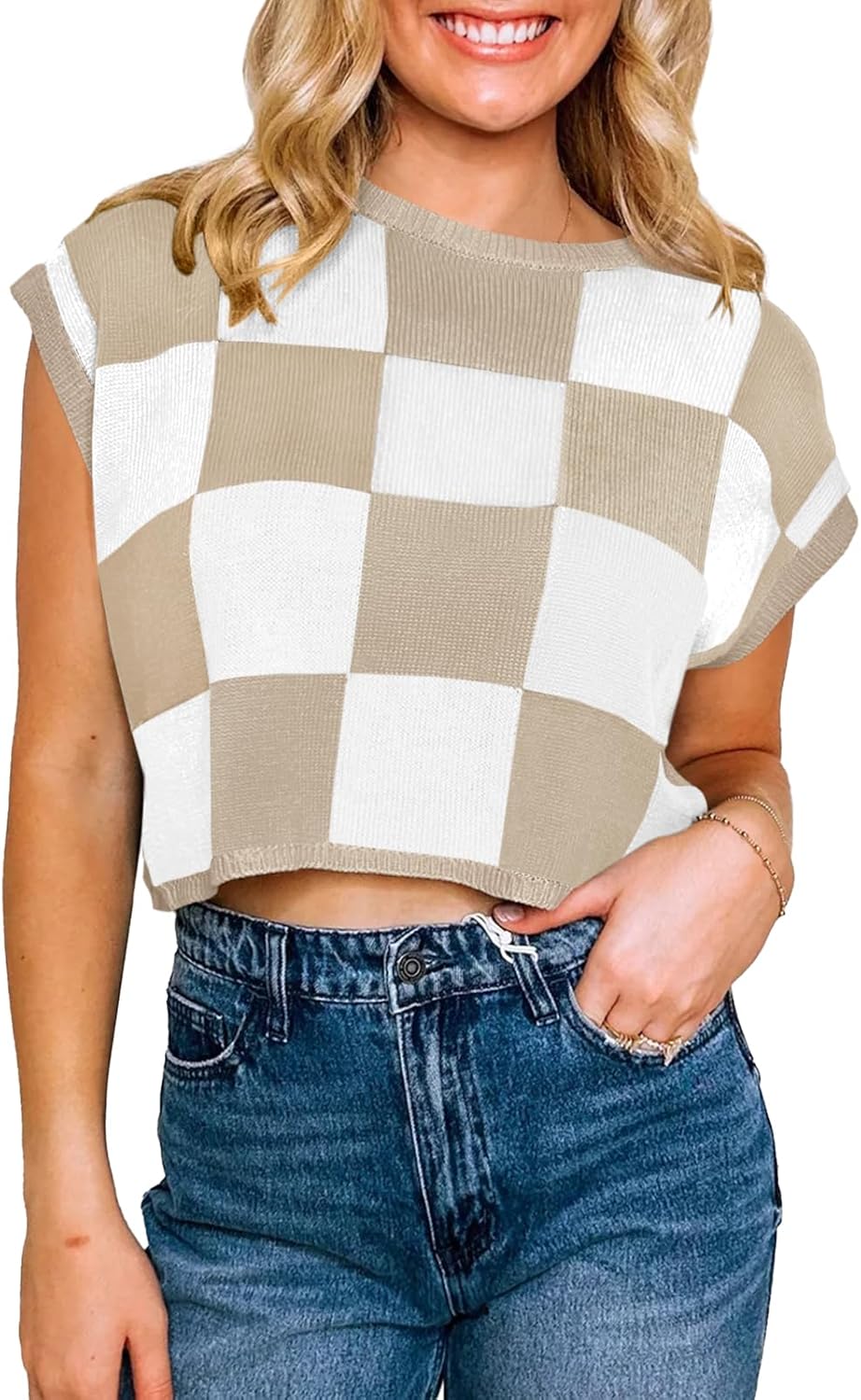 Womens Cap Sleeve Crop Tops Summer Color Block Going Out Crew Neck Knit Trendy Casual Sweater