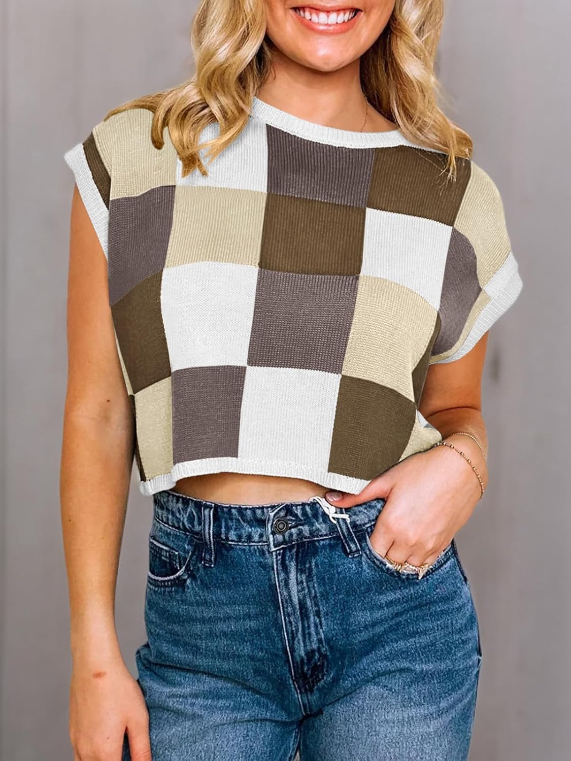 Womens Cap Sleeve Crop Tops Summer Color Block Going Out Crew Neck Knit Trendy Casual Sweater