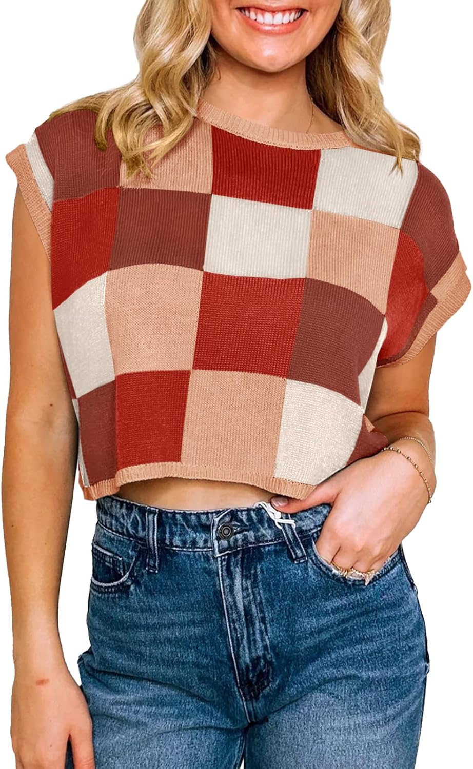 Womens Cap Sleeve Crop Tops Summer Color Block Going Out Crew Neck Knit Trendy Casual Sweater