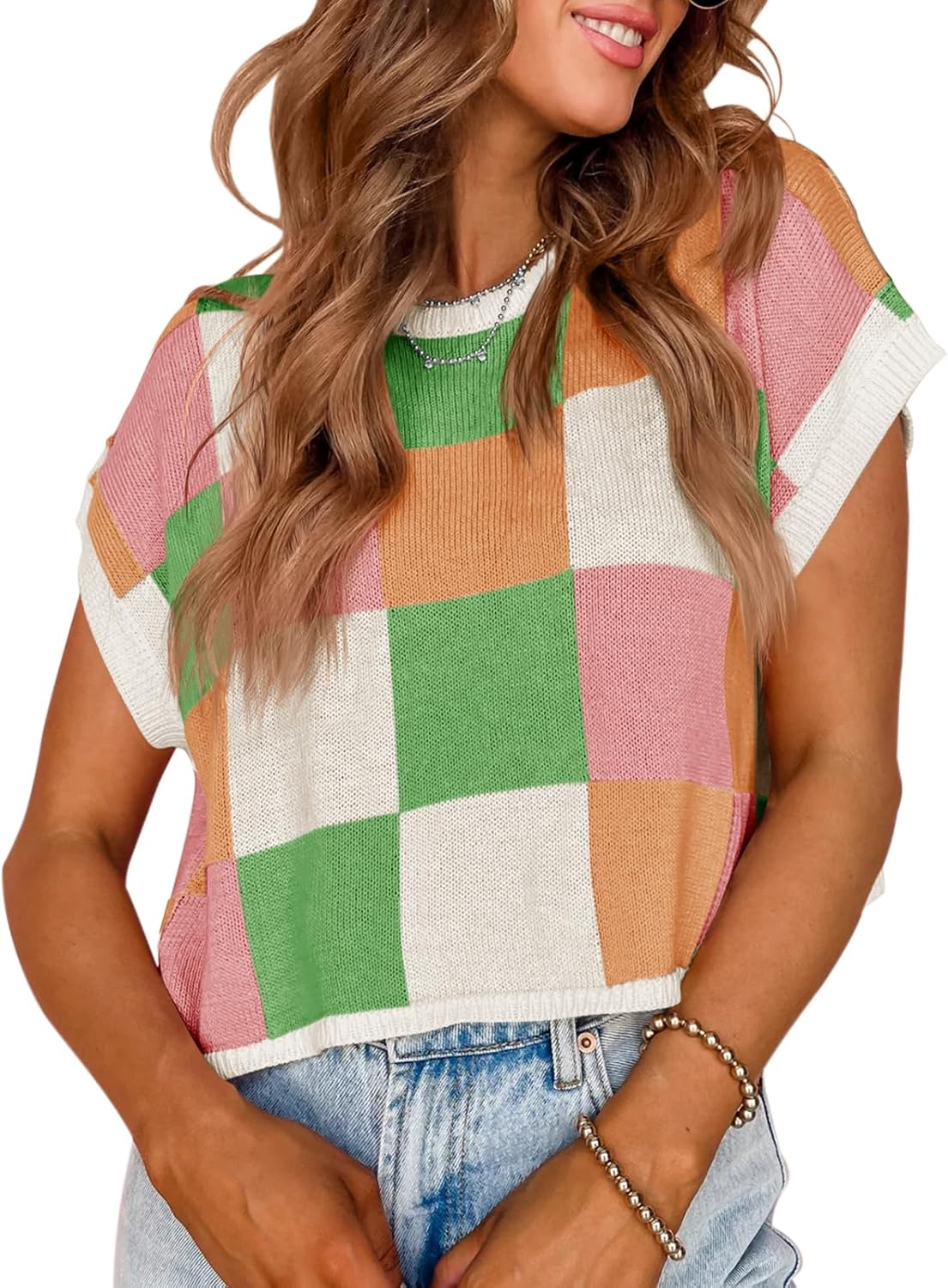Womens Cap Sleeve Crop Tops Summer Color Block Going Out Crew Neck Knit Trendy Casual Sweater
