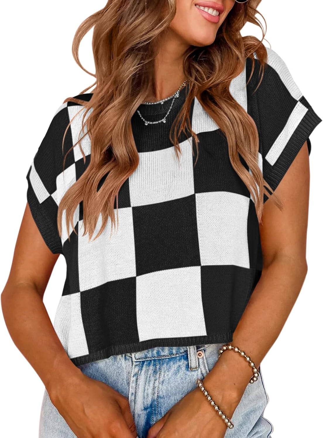 Womens Cap Sleeve Crop Tops Summer Color Block Going Out Crew Neck Knit Trendy Casual Sweater