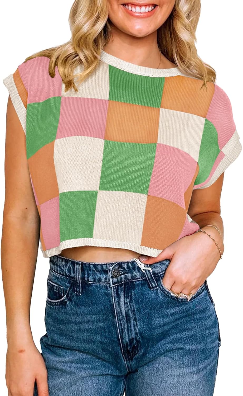 Womens Cap Sleeve Crop Tops Summer Color Block Going Out Crew Neck Knit Trendy Casual Sweater