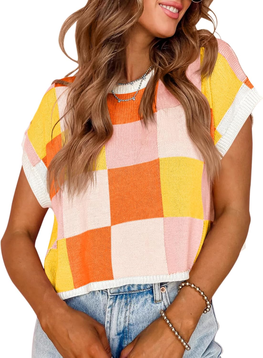 Womens Cap Sleeve Crop Tops Summer Color Block Going Out Crew Neck Knit Trendy Casual Sweater