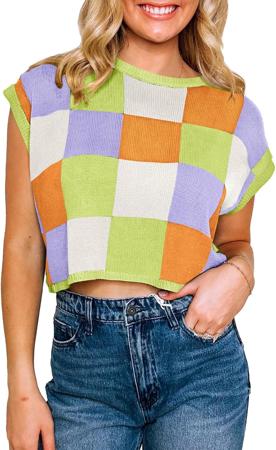 Womens Cap Sleeve Crop Tops Summer Color Block Going Out Crew Neck Knit Trendy Casual Sweater