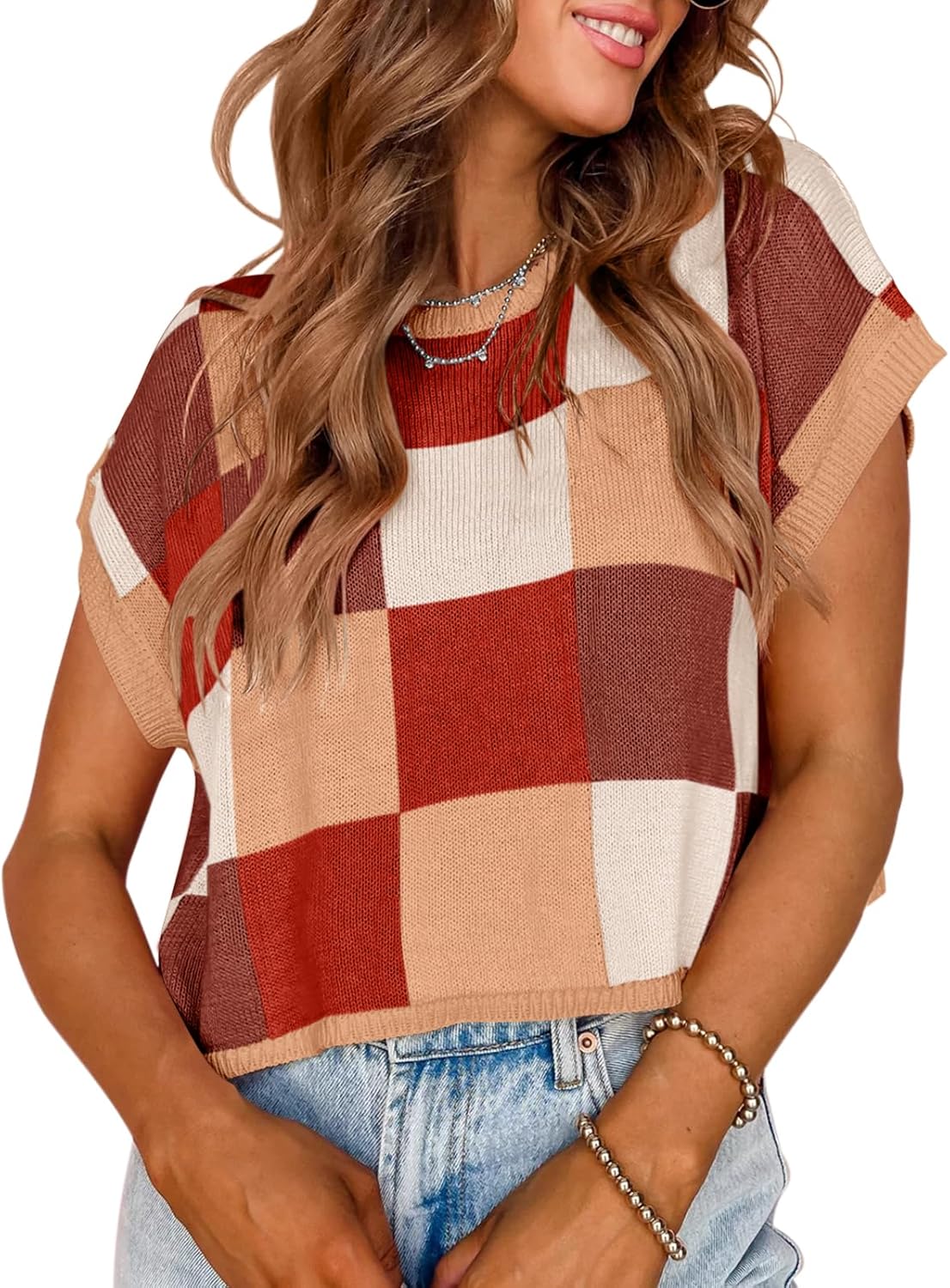 Womens Cap Sleeve Crop Tops Summer Color Block Going Out Crew Neck Knit Trendy Casual Sweater