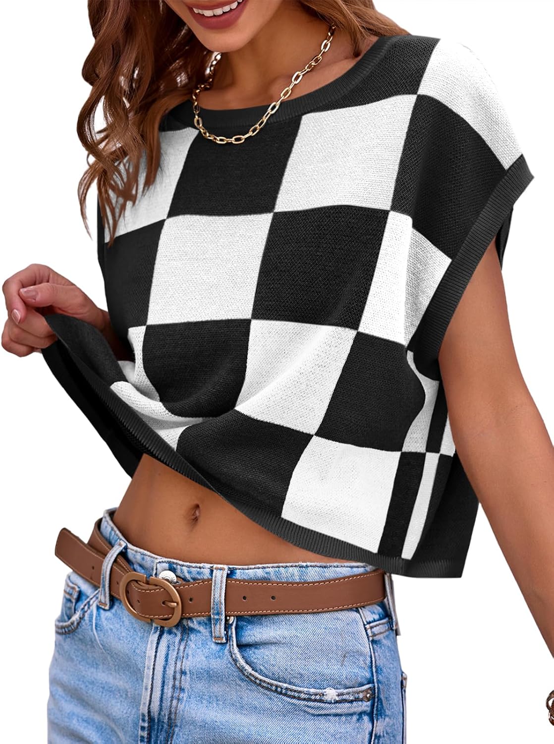 Womens Cap Sleeve Crop Tops Summer Color Block Going Out Crew Neck Knit Trendy Casual Sweater