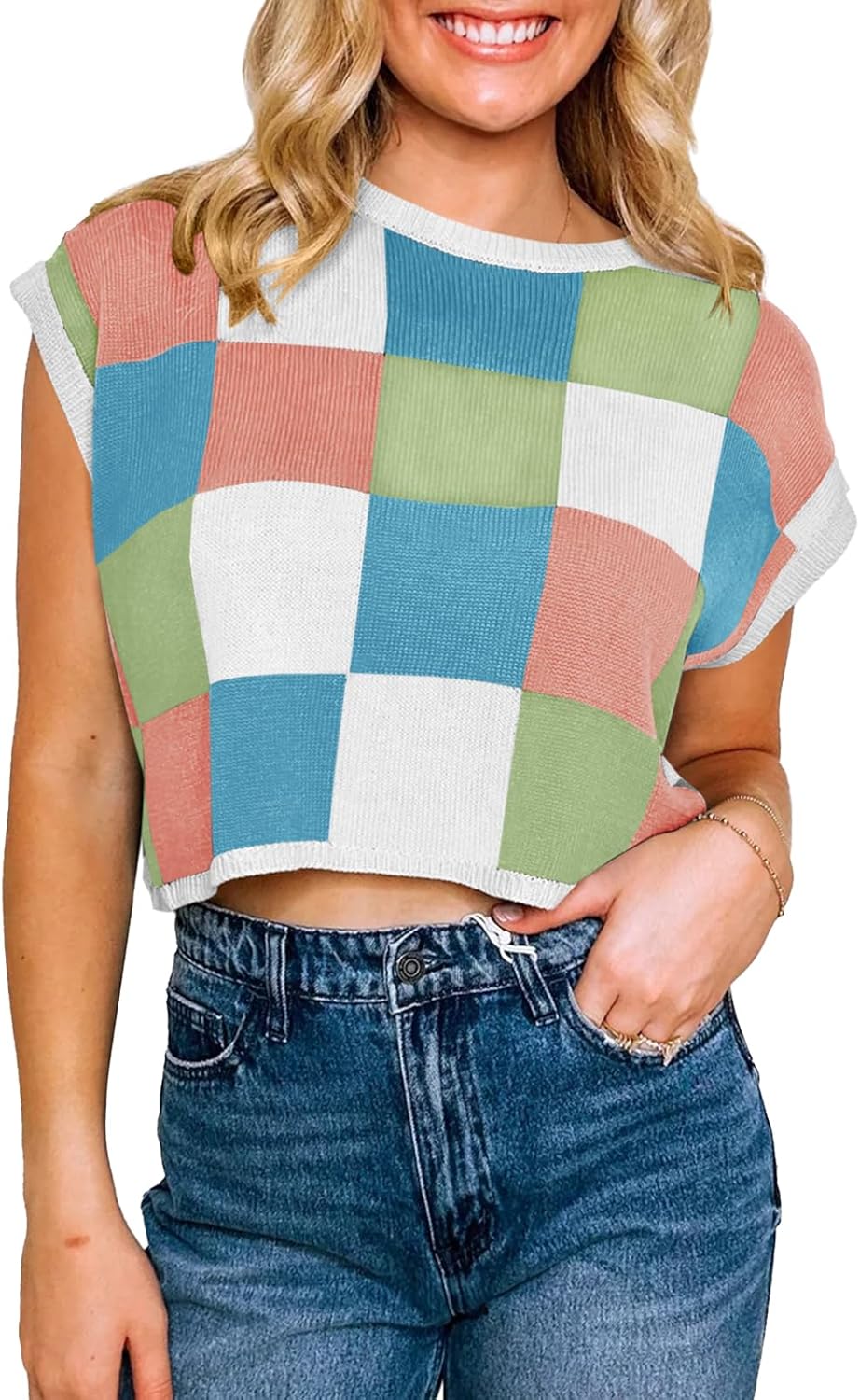 Womens Cap Sleeve Crop Tops Summer Color Block Going Out Crew Neck Knit Trendy Casual Sweater
