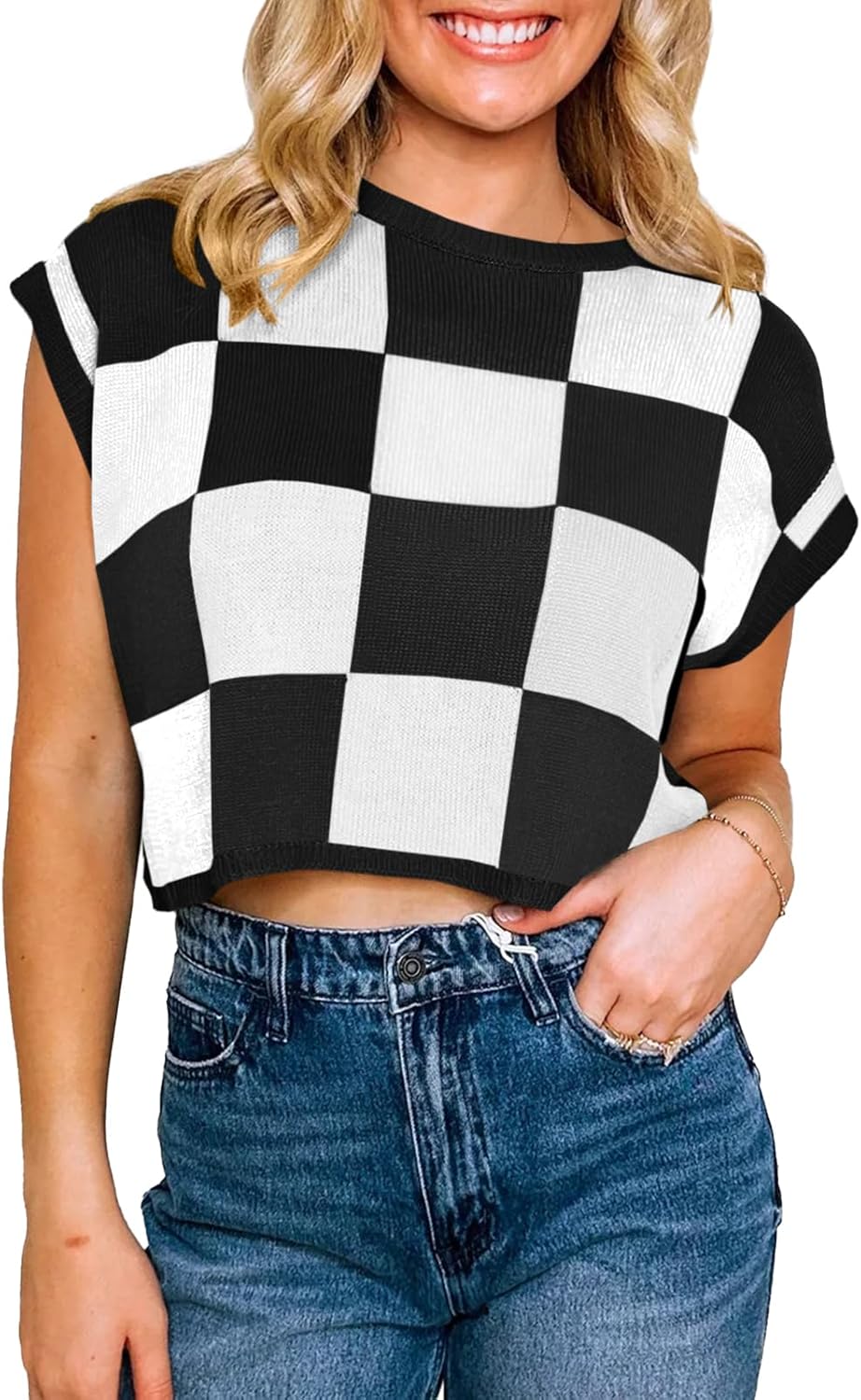 Womens Cap Sleeve Crop Tops Summer Color Block Going Out Crew Neck Knit Trendy Casual Sweater