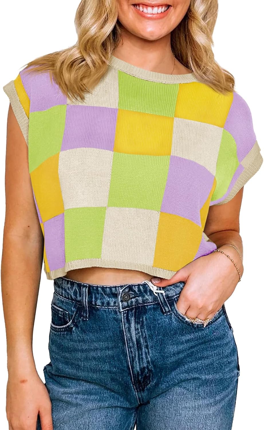 Womens Cap Sleeve Crop Tops Summer Color Block Going Out Crew Neck Knit Trendy Casual Sweater