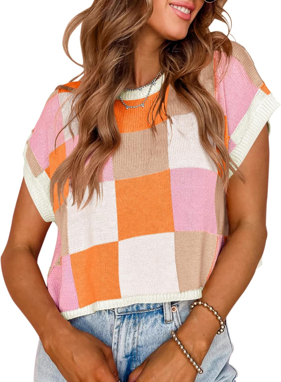 Womens Cap Sleeve Crop Tops Summer Color Block Going Out Crew Neck Knit Trendy Casual Sweater