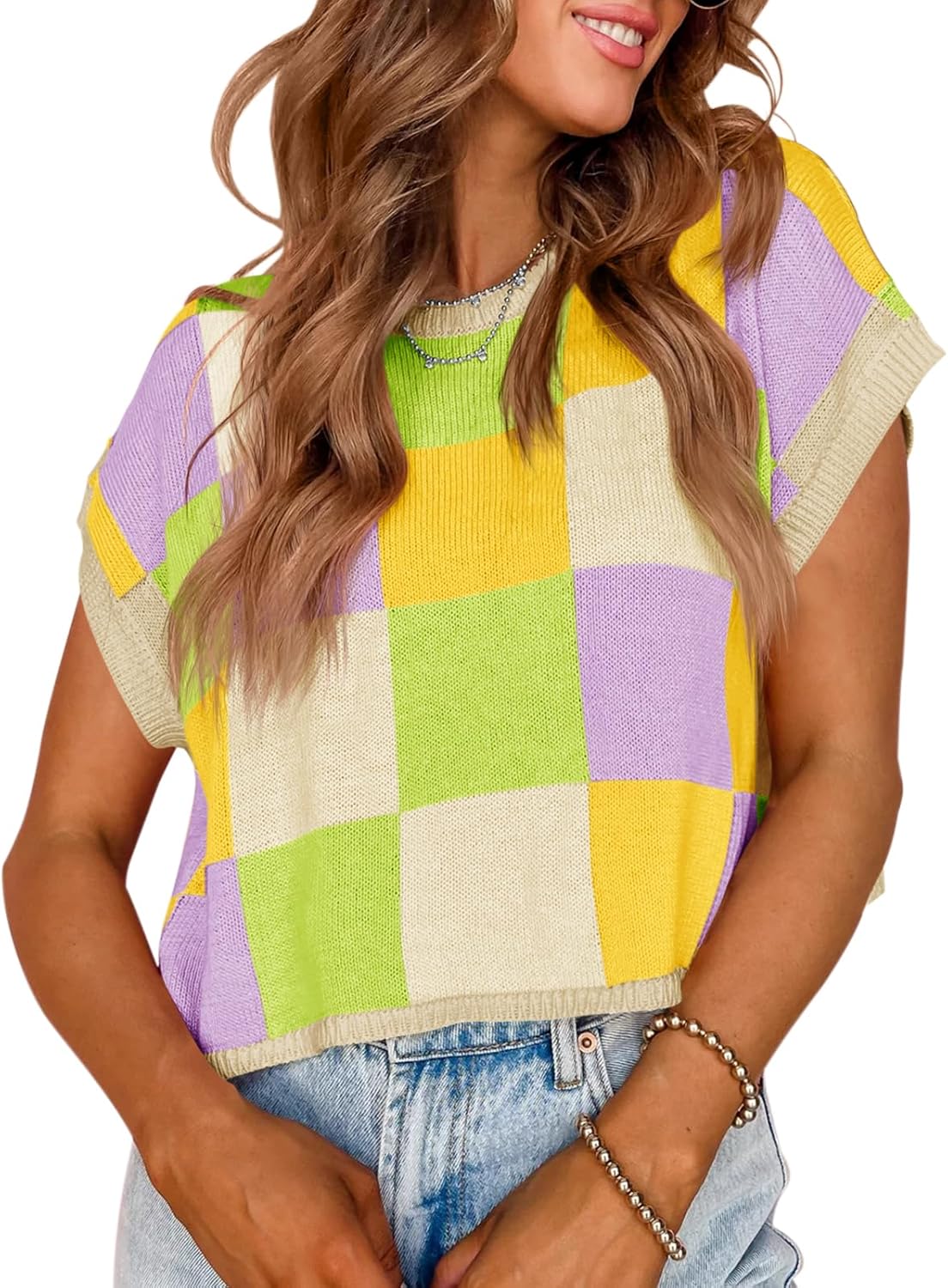 Womens Cap Sleeve Crop Tops Summer Color Block Going Out Crew Neck Knit Trendy Casual Sweater