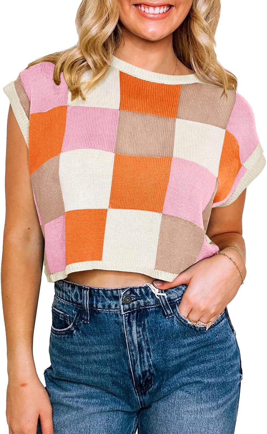 Womens Cap Sleeve Crop Tops Summer Color Block Going Out Crew Neck Knit Trendy Casual Sweater