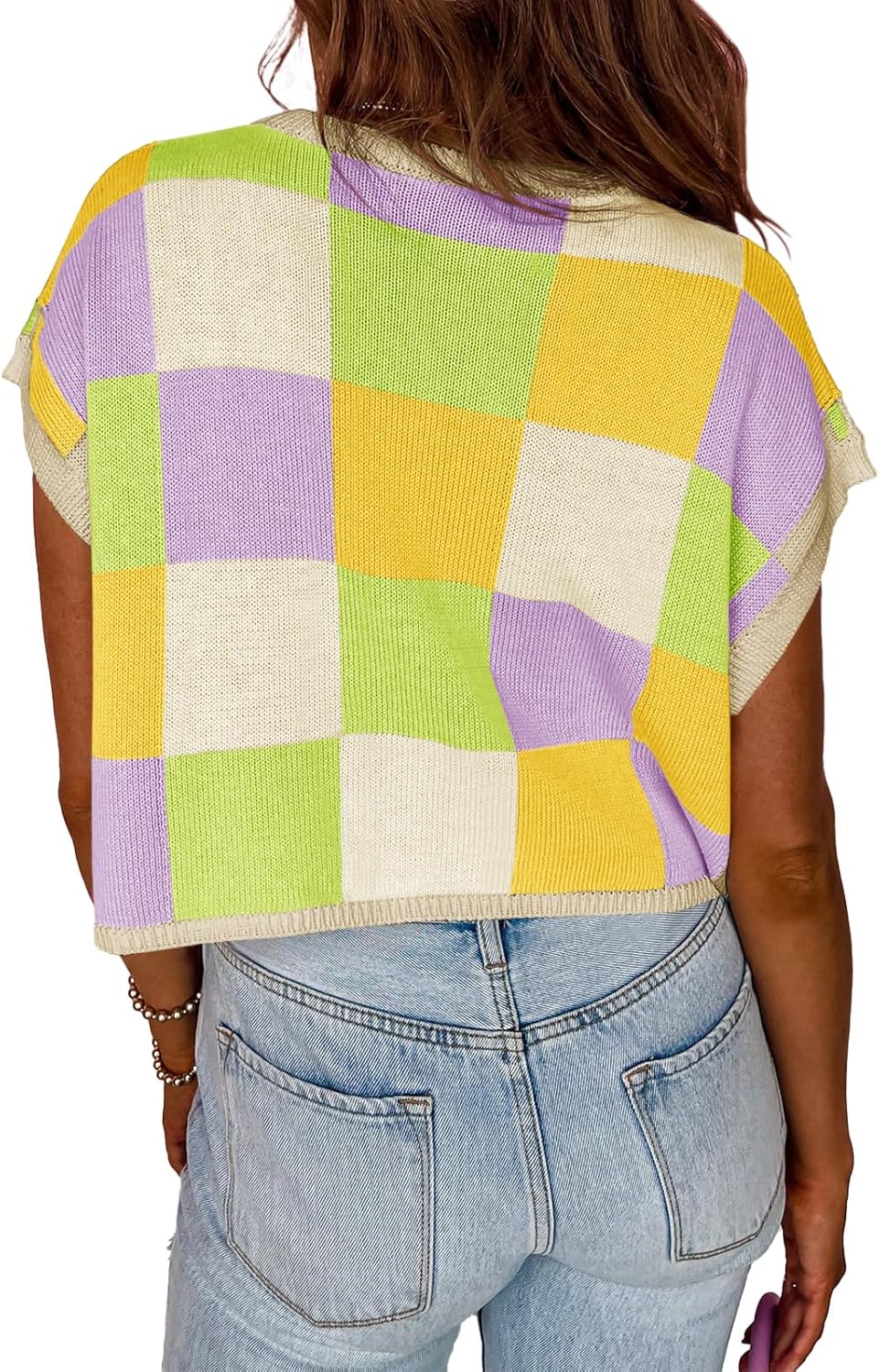 Womens Cap Sleeve Crop Tops Summer Color Block Going Out Crew Neck Knit Trendy Casual Sweater