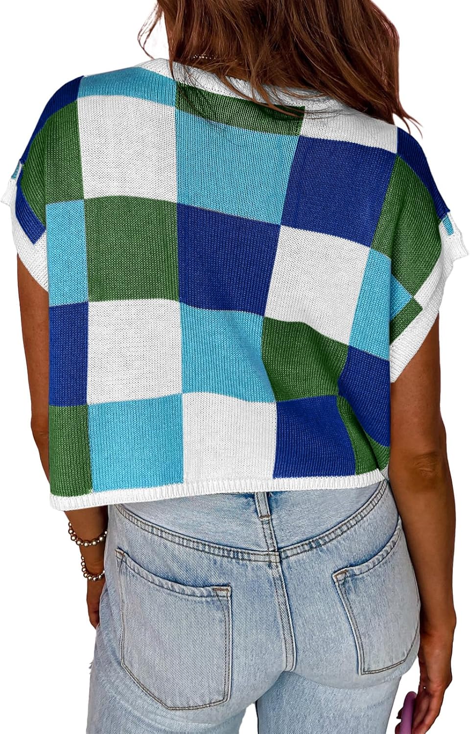 Womens Cap Sleeve Crop Tops Summer Color Block Going Out Crew Neck Knit Trendy Casual Sweater