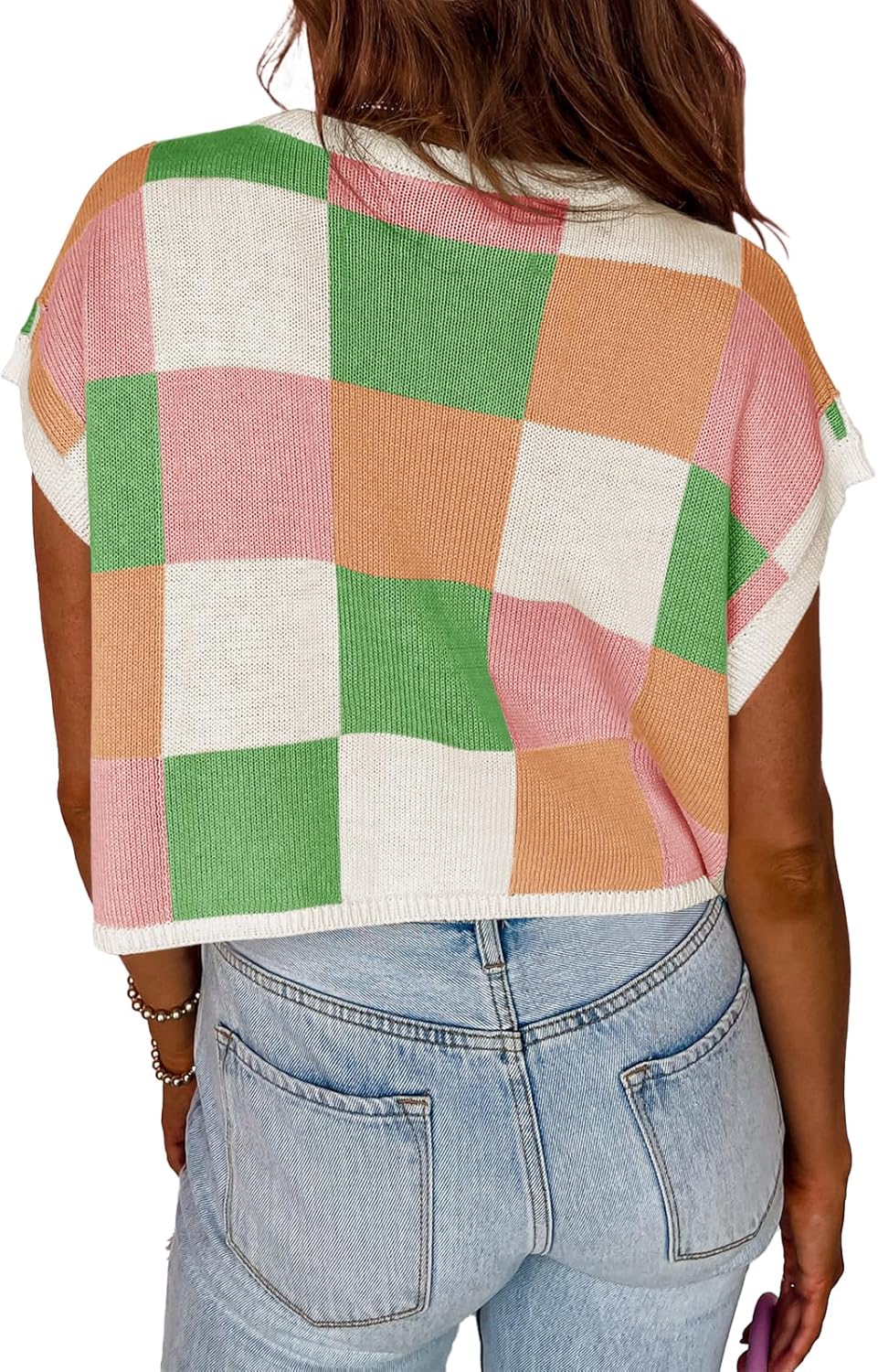 Womens Cap Sleeve Crop Tops Summer Color Block Going Out Crew Neck Knit Trendy Casual Sweater