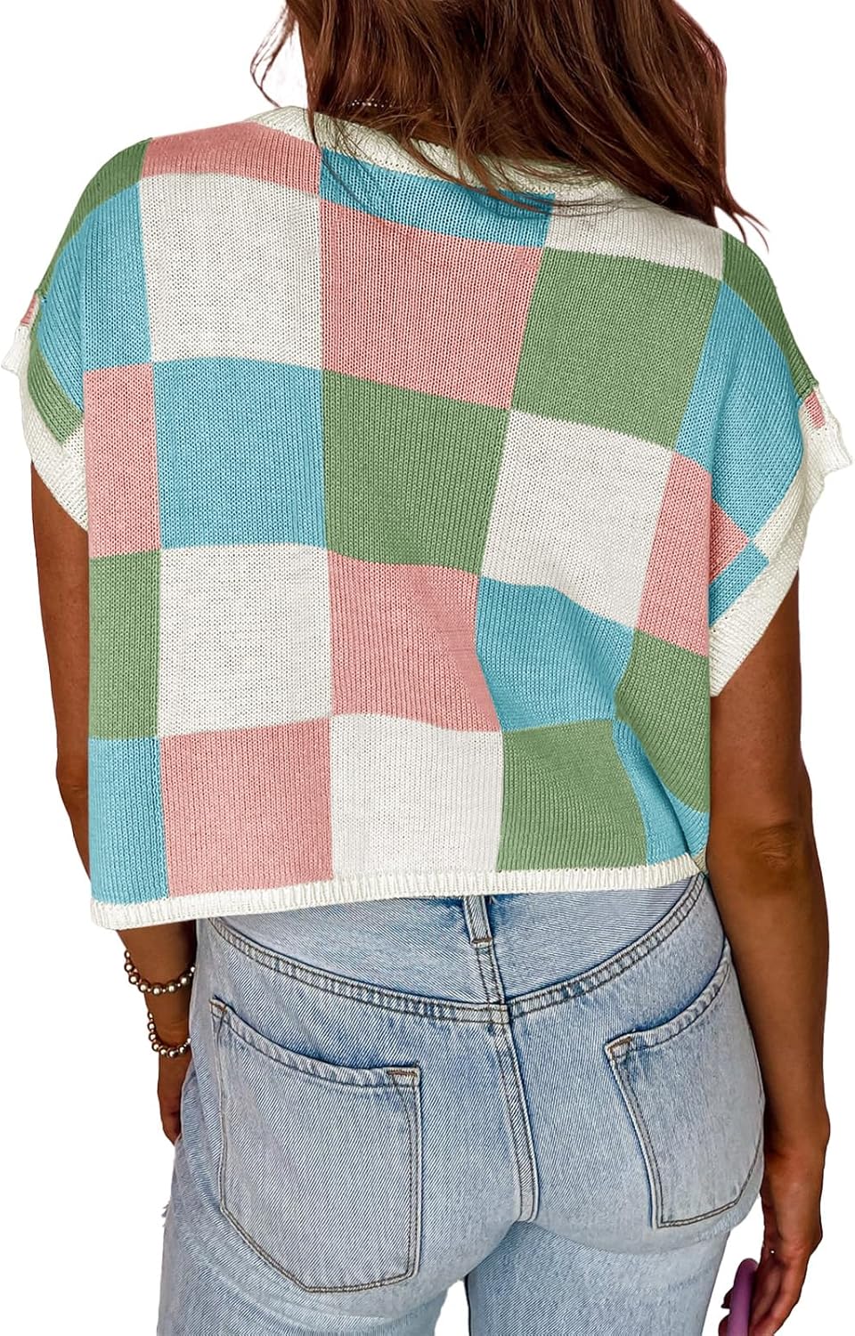 Womens Cap Sleeve Crop Tops Summer Color Block Going Out Crew Neck Knit Trendy Casual Sweater