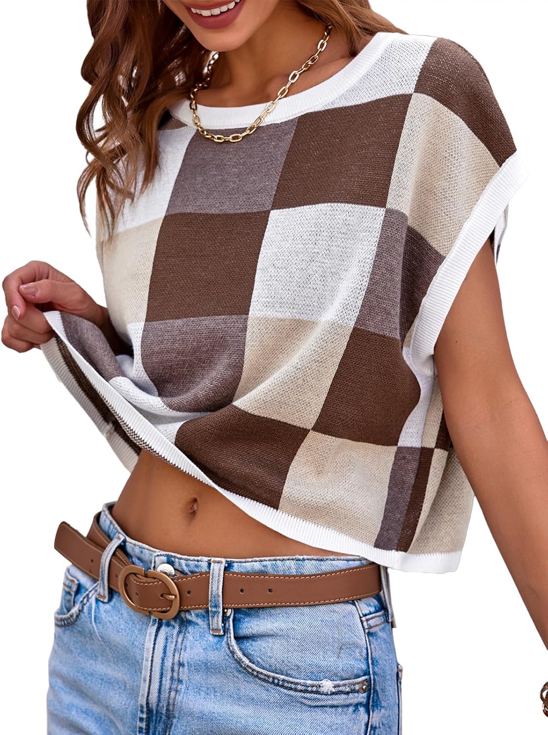 Womens Cap Sleeve Crop Tops Summer Color Block Going Out Crew Neck Knit Trendy Casual Sweater