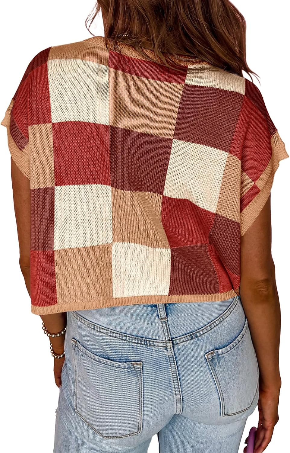 Womens Cap Sleeve Crop Tops Summer Color Block Going Out Crew Neck Knit Trendy Casual Sweater