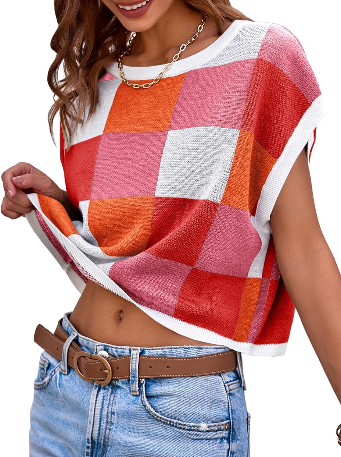 Womens Cap Sleeve Crop Tops Summer Color Block Going Out Crew Neck Knit Trendy Casual Sweater