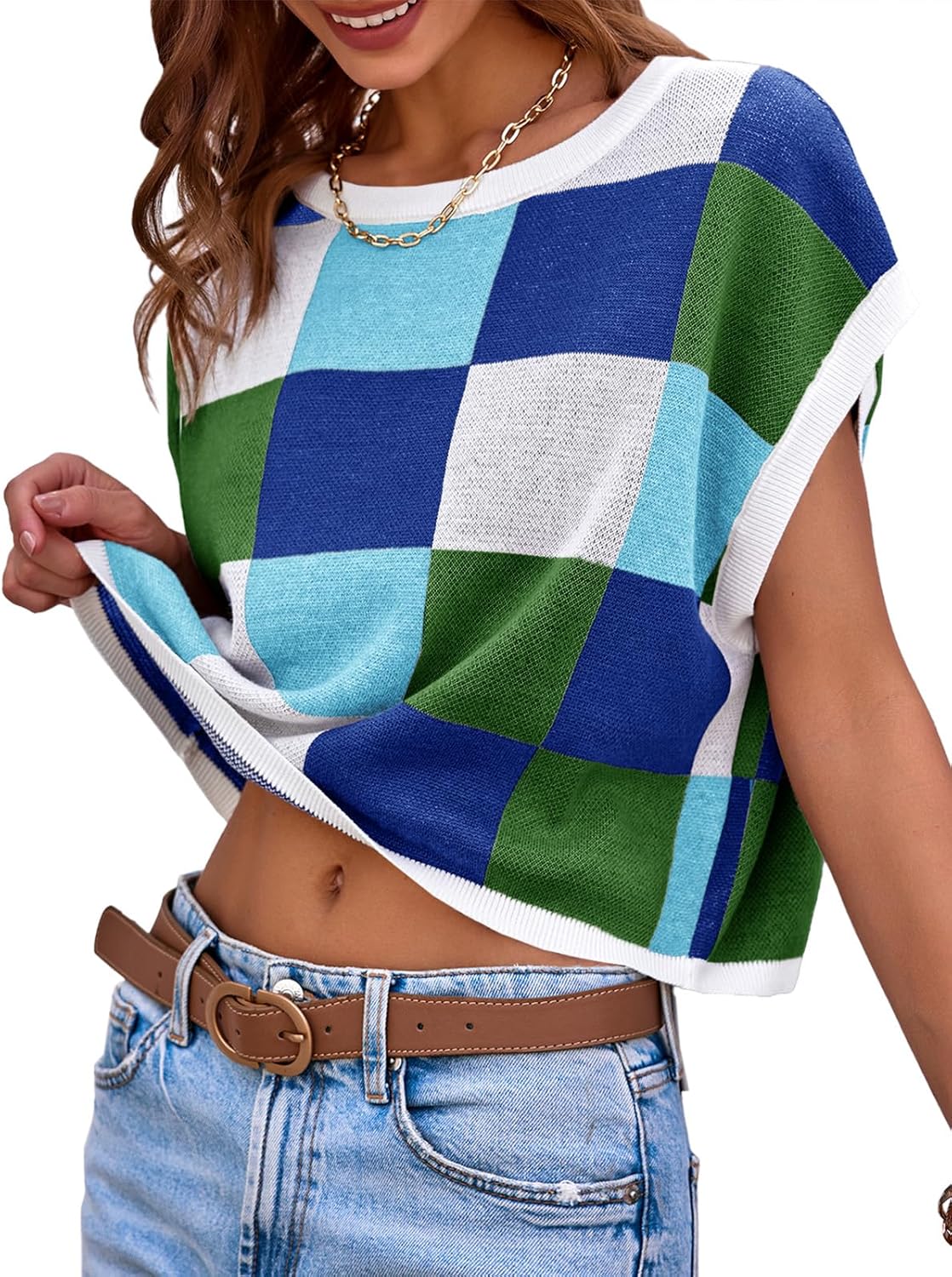 Womens Cap Sleeve Crop Tops Summer Color Block Going Out Crew Neck Knit Trendy Casual Sweater