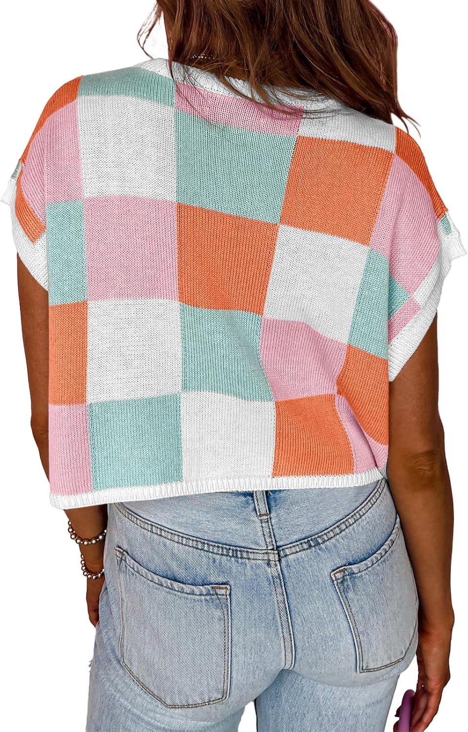 Womens Cap Sleeve Crop Tops Summer Color Block Going Out Crew Neck Knit Trendy Casual Sweater