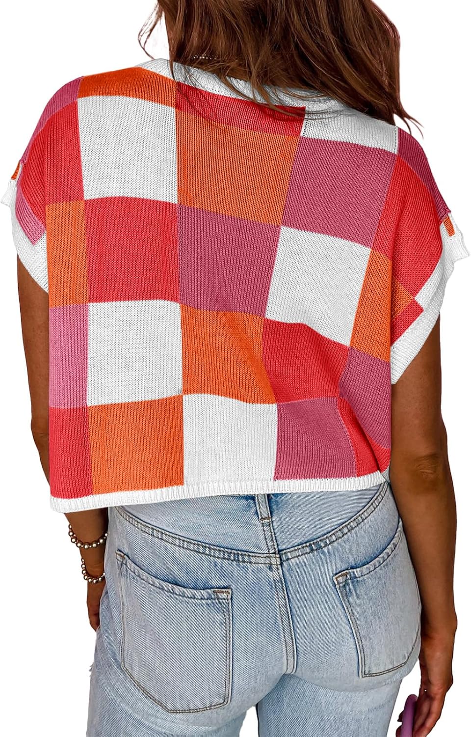 Womens Cap Sleeve Crop Tops Summer Color Block Going Out Crew Neck Knit Trendy Casual Sweater