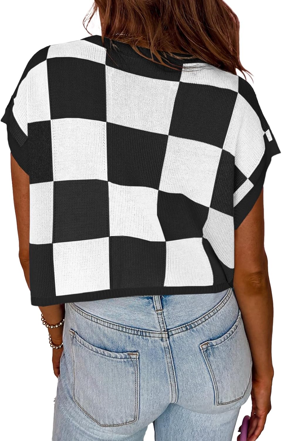 Womens Cap Sleeve Crop Tops Summer Color Block Going Out Crew Neck Knit Trendy Casual Sweater