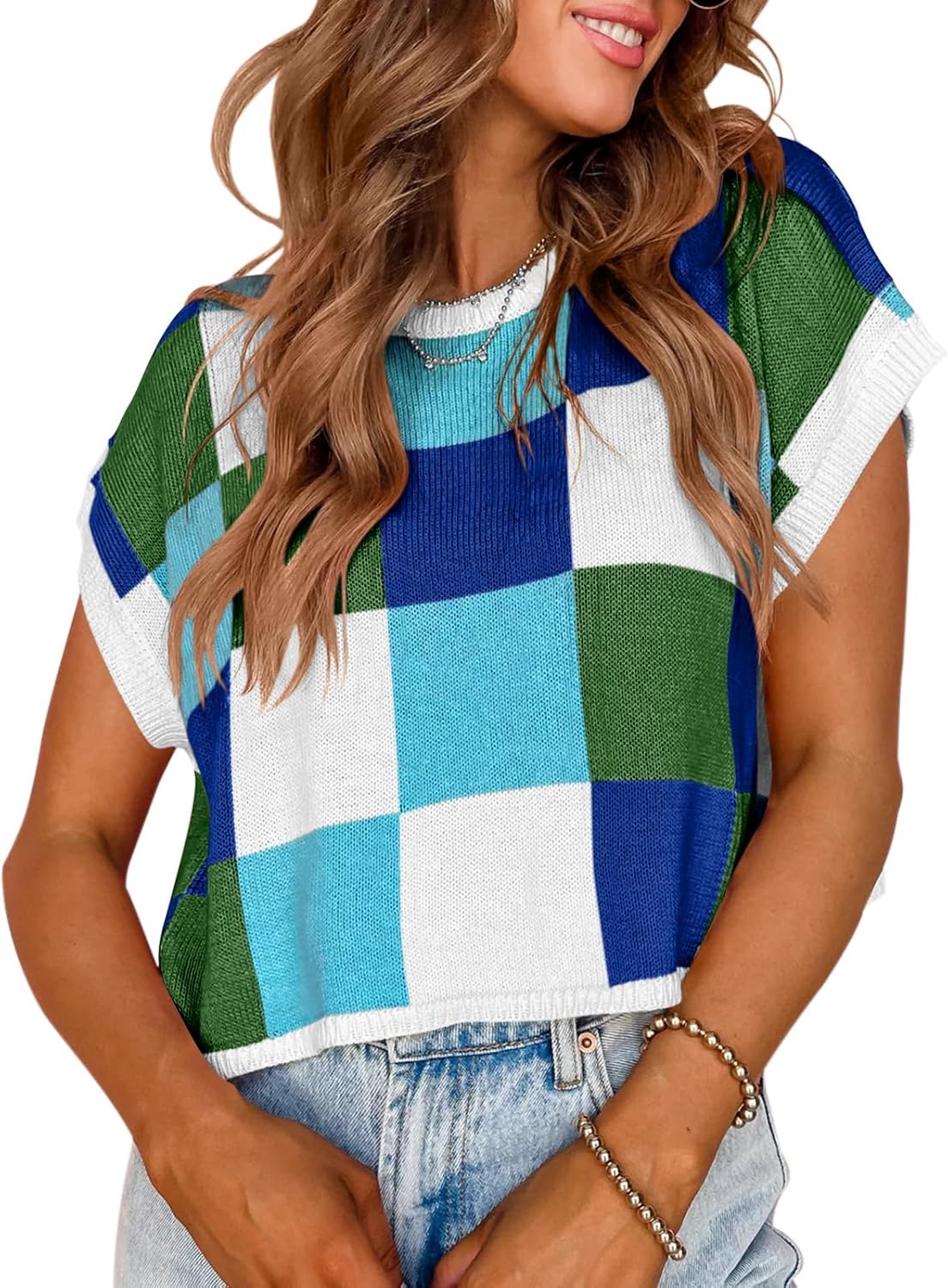 Womens Cap Sleeve Crop Tops Summer Color Block Going Out Crew Neck Knit Trendy Casual Sweater
