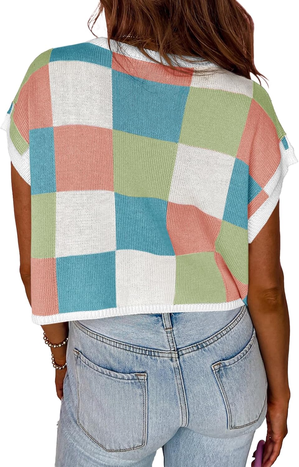 Womens Cap Sleeve Crop Tops Summer Color Block Going Out Crew Neck Knit Trendy Casual Sweater
