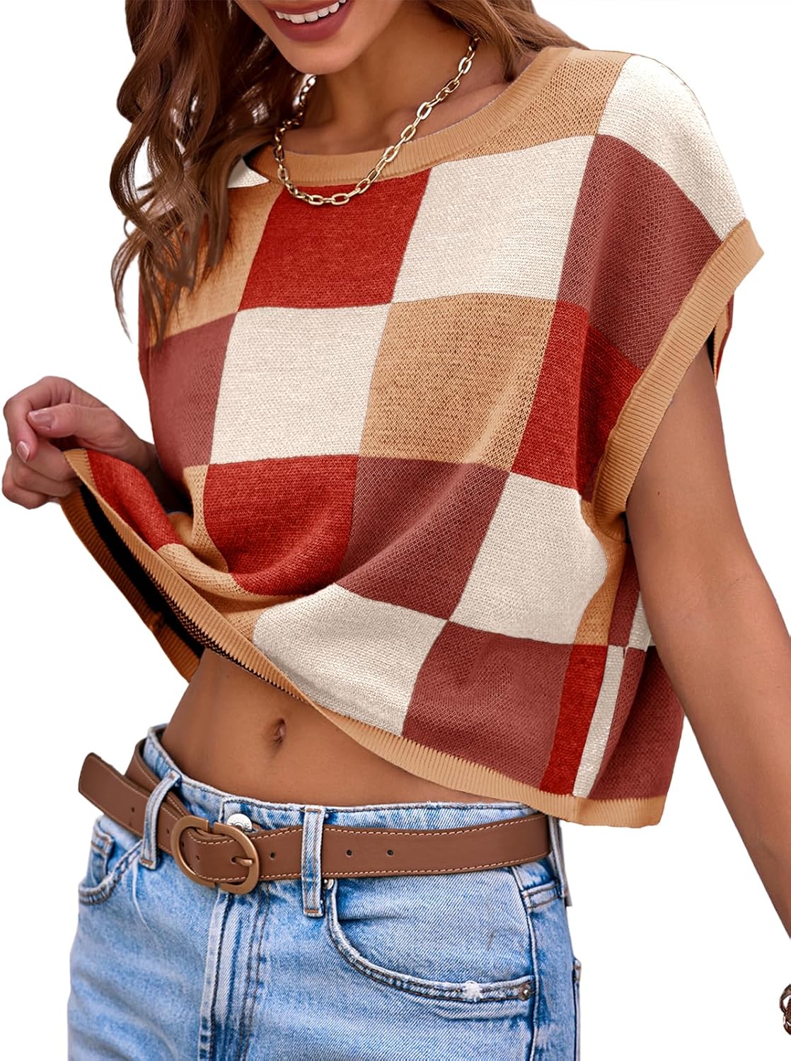 Womens Cap Sleeve Crop Tops Summer Color Block Going Out Crew Neck Knit Trendy Casual Sweater