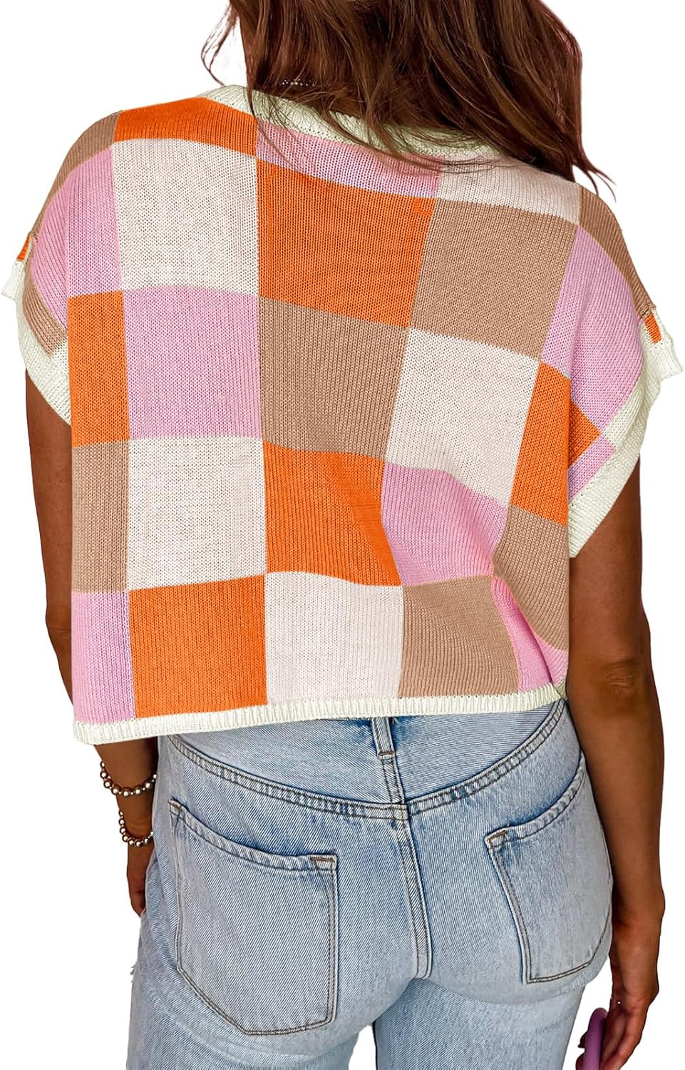 Womens Cap Sleeve Crop Tops Summer Color Block Going Out Crew Neck Knit Trendy Casual Sweater