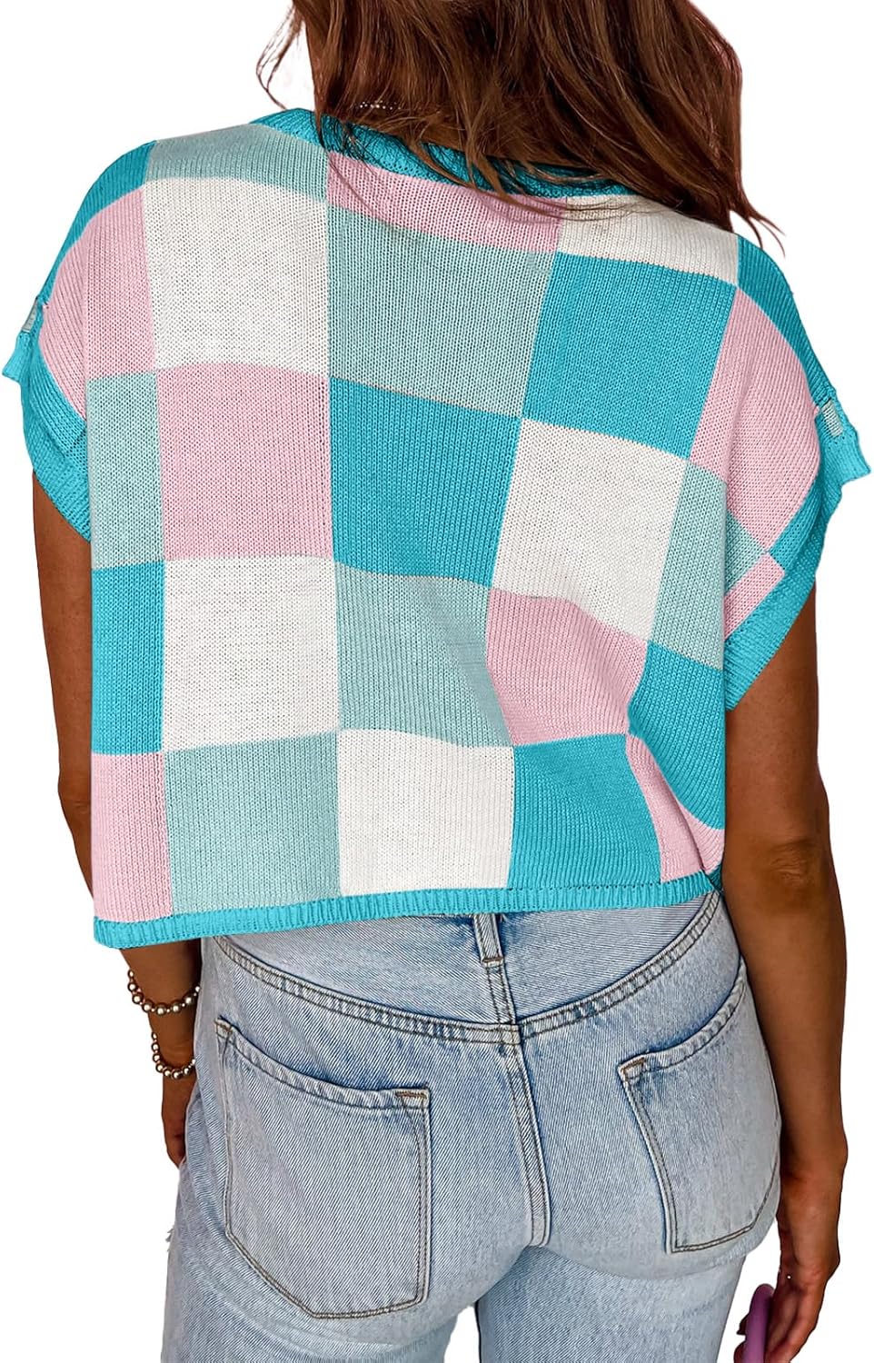 Womens Cap Sleeve Crop Tops Summer Color Block Going Out Crew Neck Knit Trendy Casual Sweater