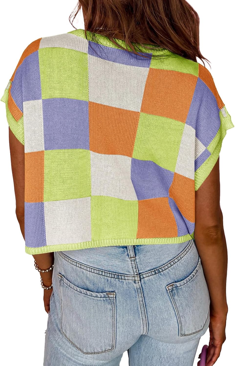 Womens Cap Sleeve Crop Tops Summer Color Block Going Out Crew Neck Knit Trendy Casual Sweater