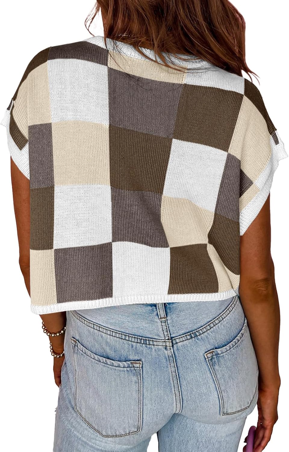 Womens Cap Sleeve Crop Tops Summer Color Block Going Out Crew Neck Knit Trendy Casual Sweater