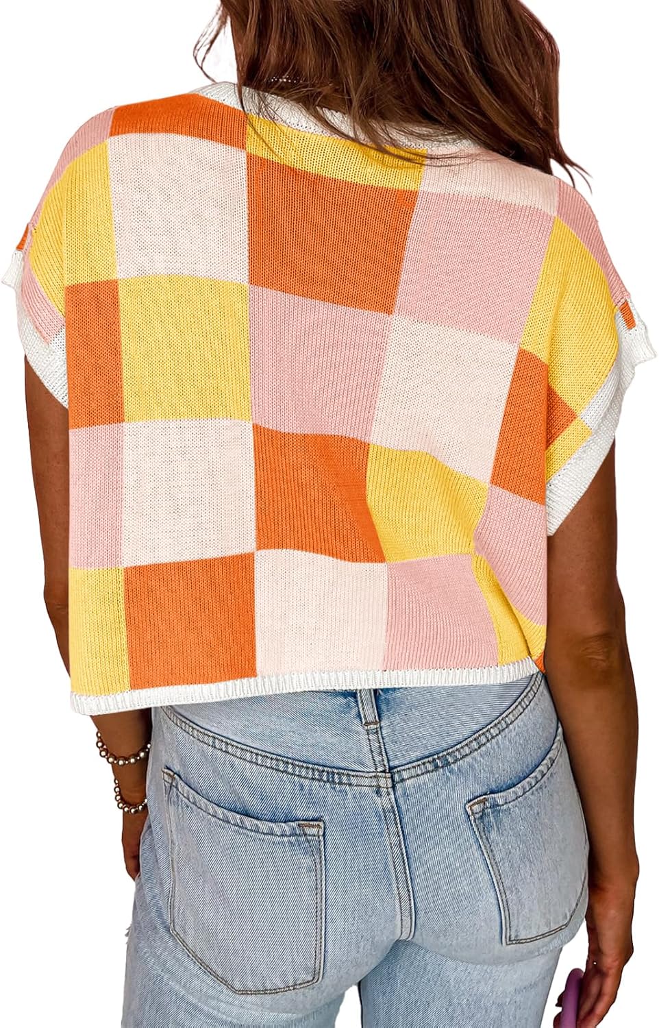 Womens Cap Sleeve Crop Tops Summer Color Block Going Out Crew Neck Knit Trendy Casual Sweater